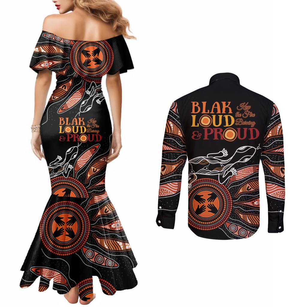 Australia NAIDOC 2024 Couples Matching Mermaid Dress and Long Sleeve Button Shirt Blak Loud and Proud Aboriginal Lizard Art