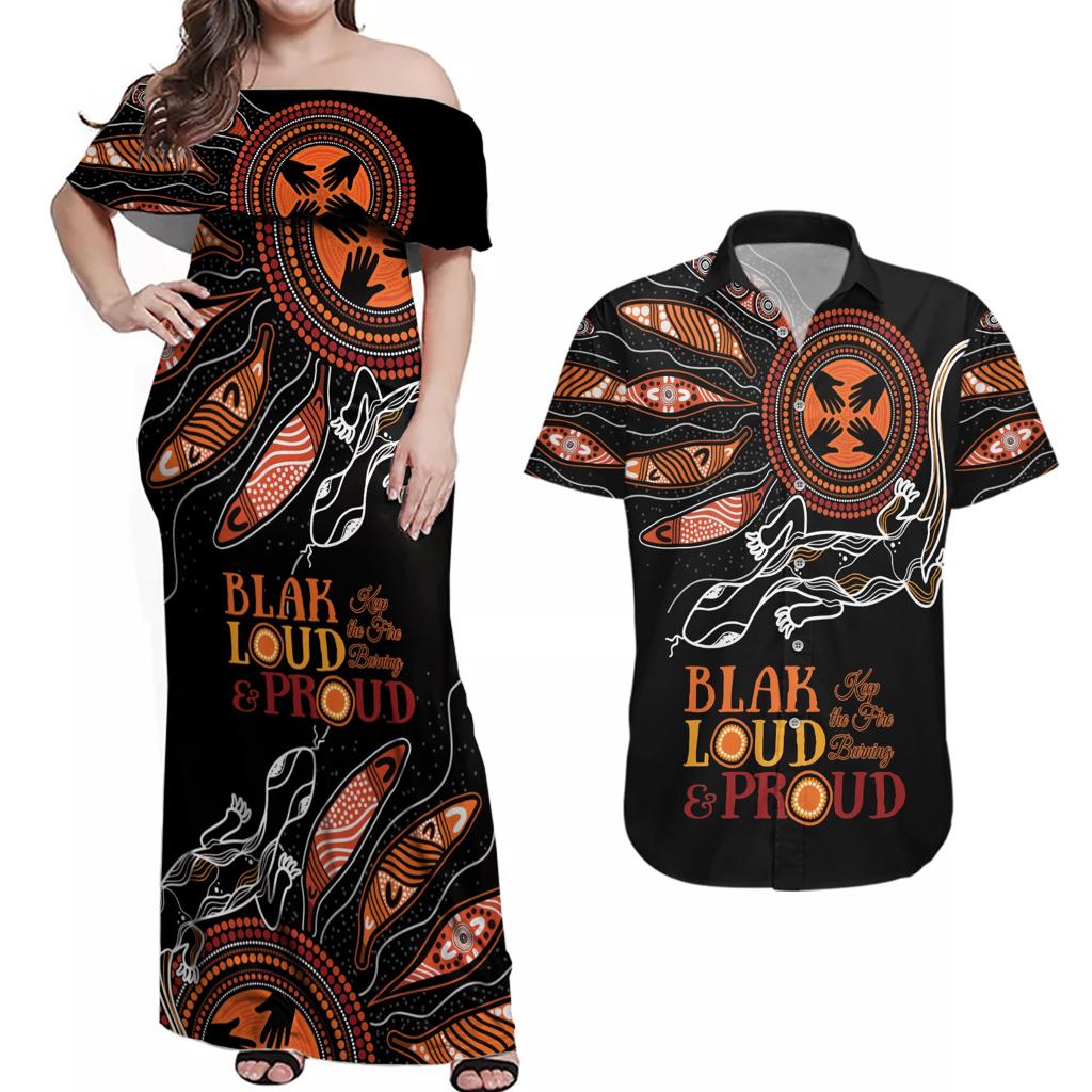Australia NAIDOC 2024 Couples Matching Off Shoulder Maxi Dress and Hawaiian Shirt Blak Loud and Proud Aboriginal Lizard Art