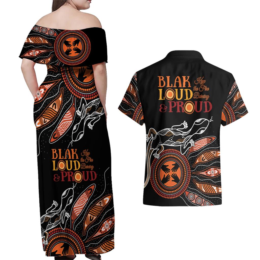 Australia NAIDOC 2024 Couples Matching Off Shoulder Maxi Dress and Hawaiian Shirt Blak Loud and Proud Aboriginal Lizard Art
