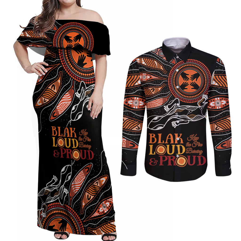 Australia NAIDOC 2024 Couples Matching Off Shoulder Maxi Dress and Long Sleeve Button Shirt Blak Loud and Proud Aboriginal Lizard Art