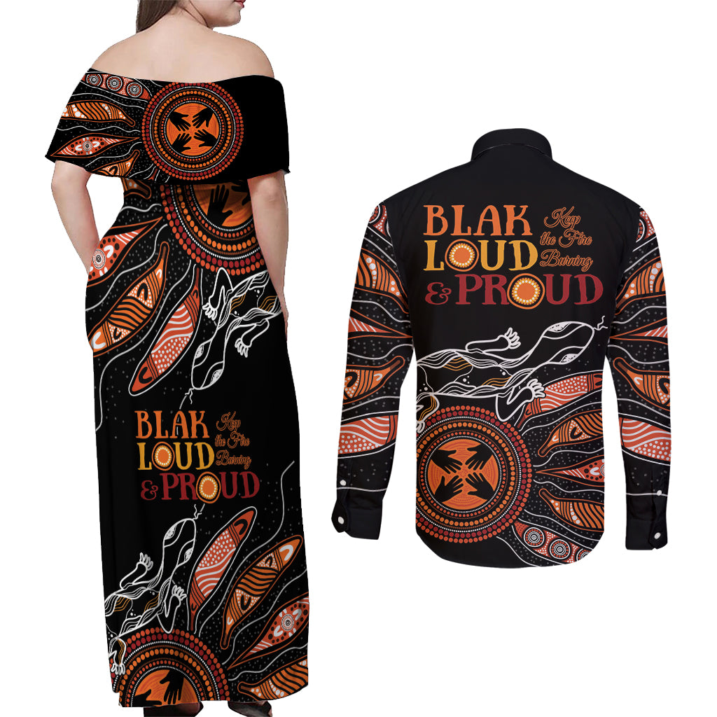 Australia NAIDOC 2024 Couples Matching Off Shoulder Maxi Dress and Long Sleeve Button Shirt Blak Loud and Proud Aboriginal Lizard Art
