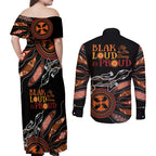 Australia NAIDOC 2024 Couples Matching Off Shoulder Maxi Dress and Long Sleeve Button Shirt Blak Loud and Proud Aboriginal Lizard Art