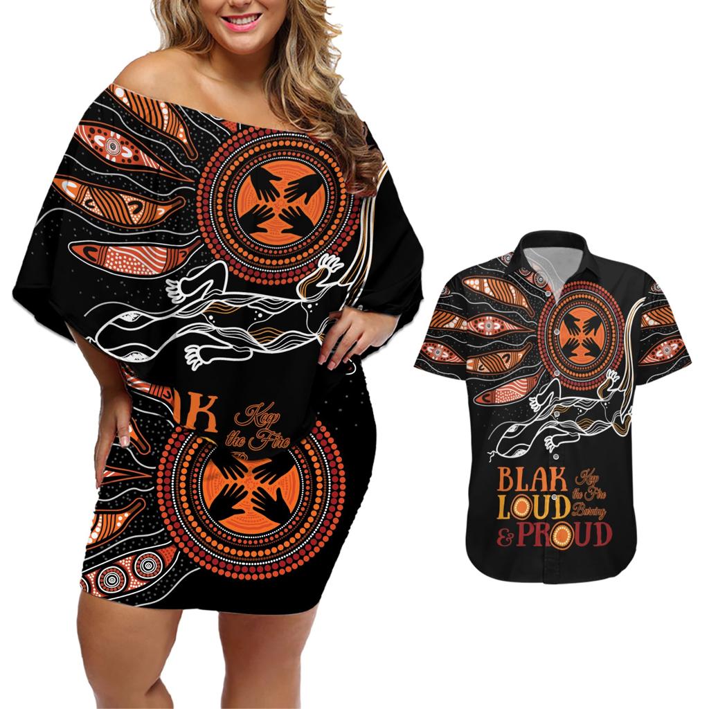 Australia NAIDOC 2024 Couples Matching Off Shoulder Short Dress and Hawaiian Shirt Blak Loud and Proud Aboriginal Lizard Art