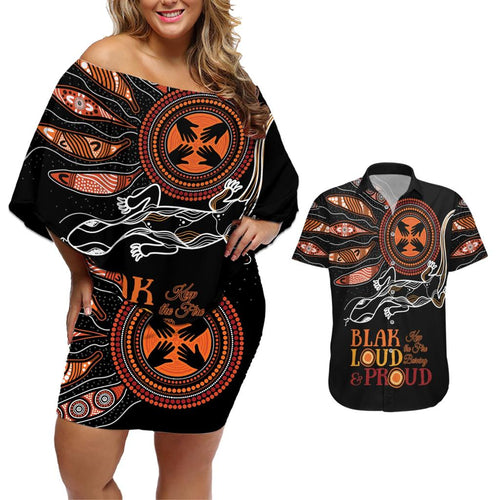Australia NAIDOC 2024 Couples Matching Off Shoulder Short Dress and Hawaiian Shirt Blak Loud and Proud Aboriginal Lizard Art
