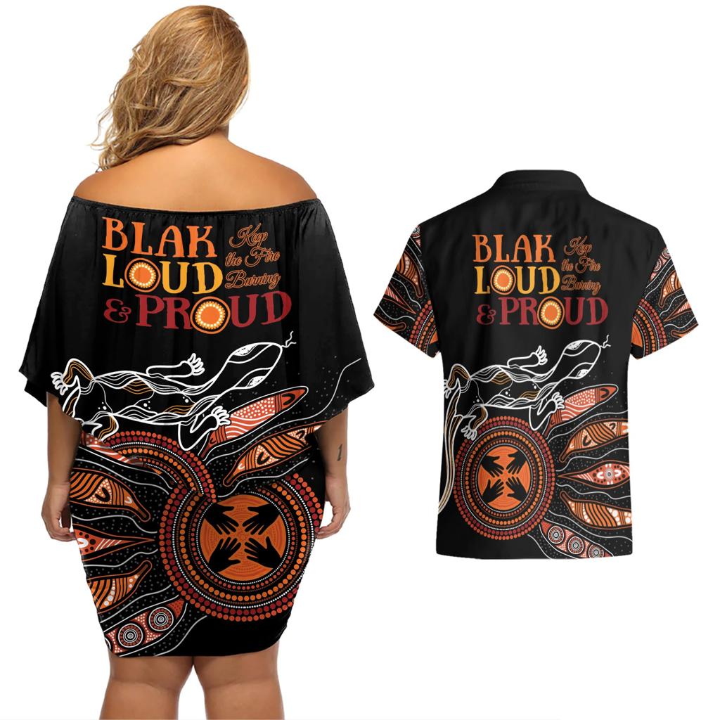 Australia NAIDOC 2024 Couples Matching Off Shoulder Short Dress and Hawaiian Shirt Blak Loud and Proud Aboriginal Lizard Art
