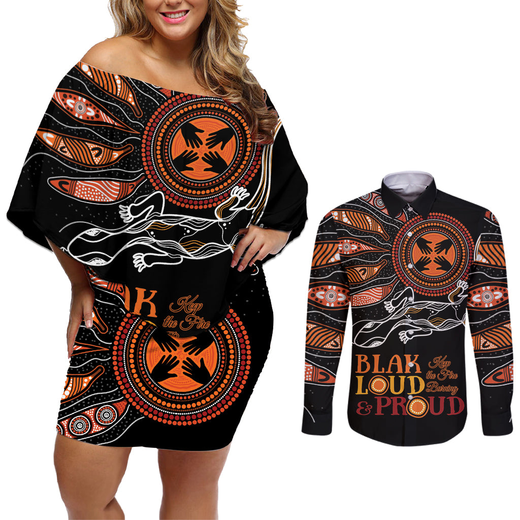 Australia NAIDOC 2024 Couples Matching Off Shoulder Short Dress and Long Sleeve Button Shirt Blak Loud and Proud Aboriginal Lizard Art