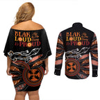 Australia NAIDOC 2024 Couples Matching Off Shoulder Short Dress and Long Sleeve Button Shirt Blak Loud and Proud Aboriginal Lizard Art