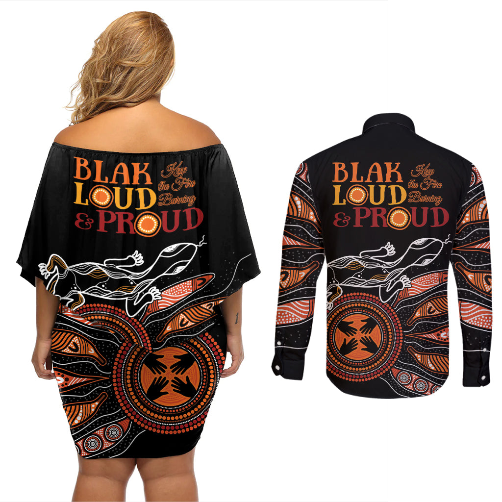 Australia NAIDOC 2024 Couples Matching Off Shoulder Short Dress and Long Sleeve Button Shirt Blak Loud and Proud Aboriginal Lizard Art