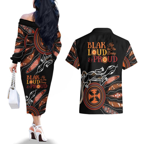 Australia NAIDOC 2024 Couples Matching Off The Shoulder Long Sleeve Dress and Hawaiian Shirt Blak Loud and Proud Aboriginal Lizard Art