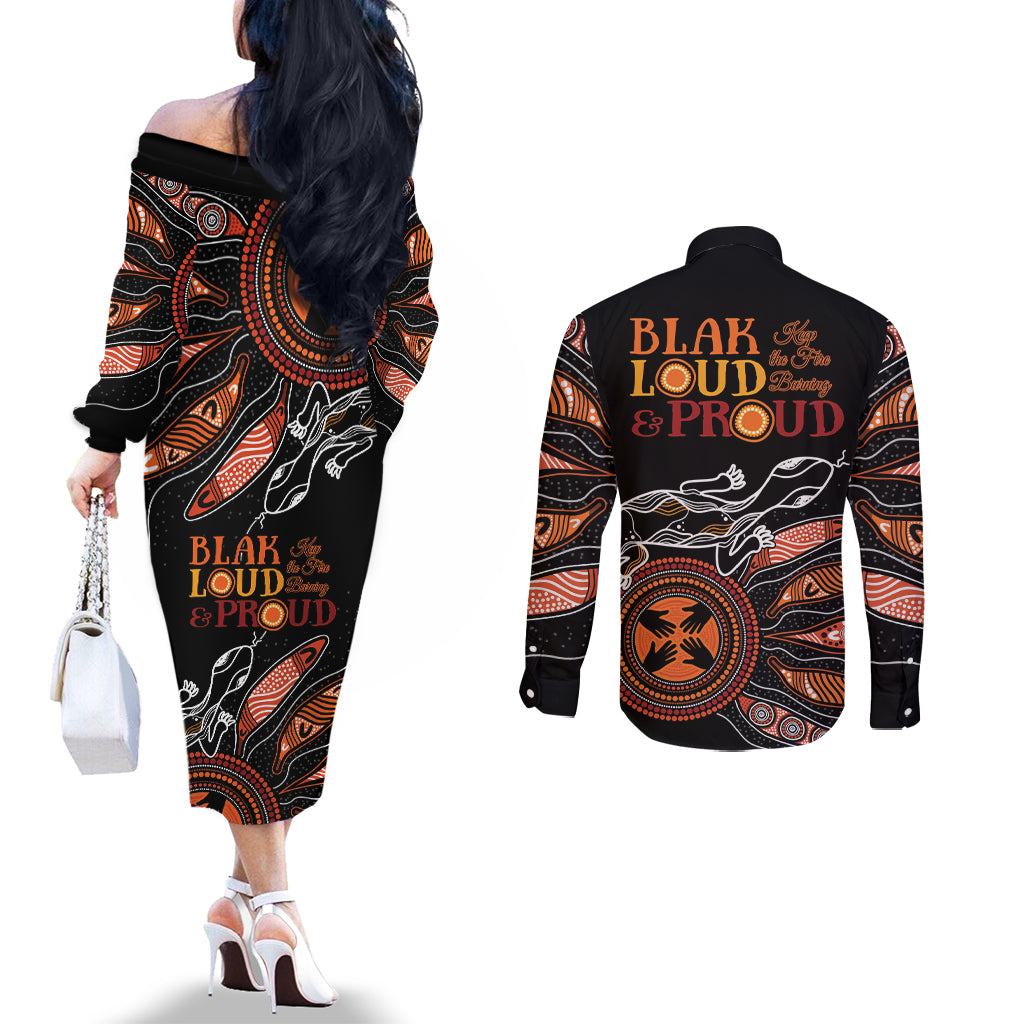 Australia NAIDOC 2024 Couples Matching Off The Shoulder Long Sleeve Dress and Long Sleeve Button Shirt Blak Loud and Proud Aboriginal Lizard Art