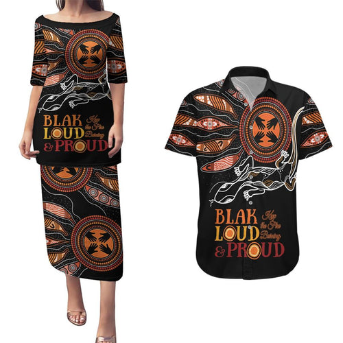 Australia NAIDOC 2024 Couples Matching Puletasi and Hawaiian Shirt Blak Loud and Proud Aboriginal Lizard Art
