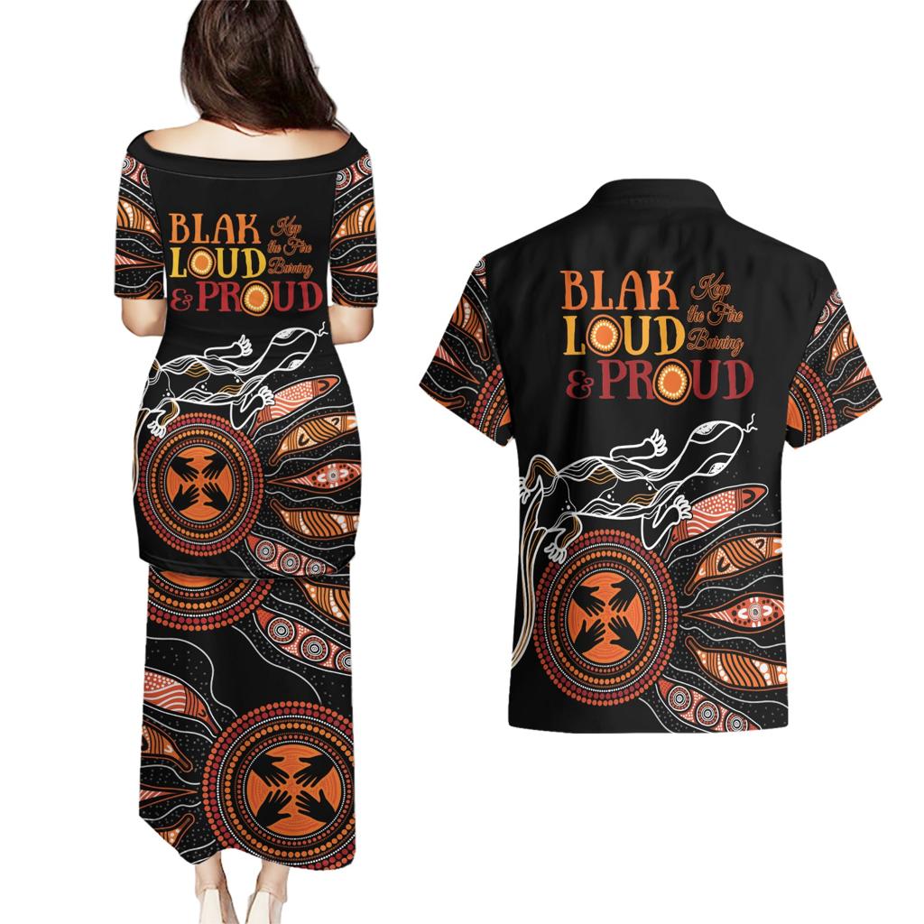 Australia NAIDOC 2024 Couples Matching Puletasi and Hawaiian Shirt Blak Loud and Proud Aboriginal Lizard Art