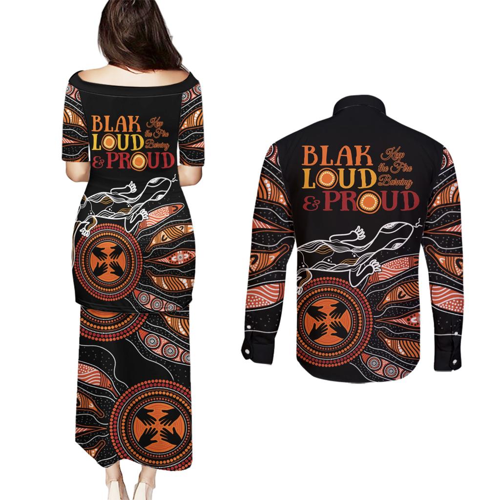 Australia NAIDOC 2024 Couples Matching Puletasi and Long Sleeve Button Shirt Blak Loud and Proud Aboriginal Lizard Art