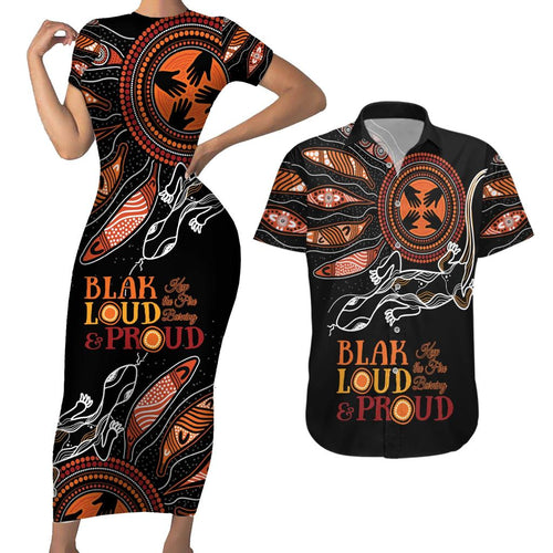 Australia NAIDOC 2024 Couples Matching Short Sleeve Bodycon Dress and Hawaiian Shirt Blak Loud and Proud Aboriginal Lizard Art