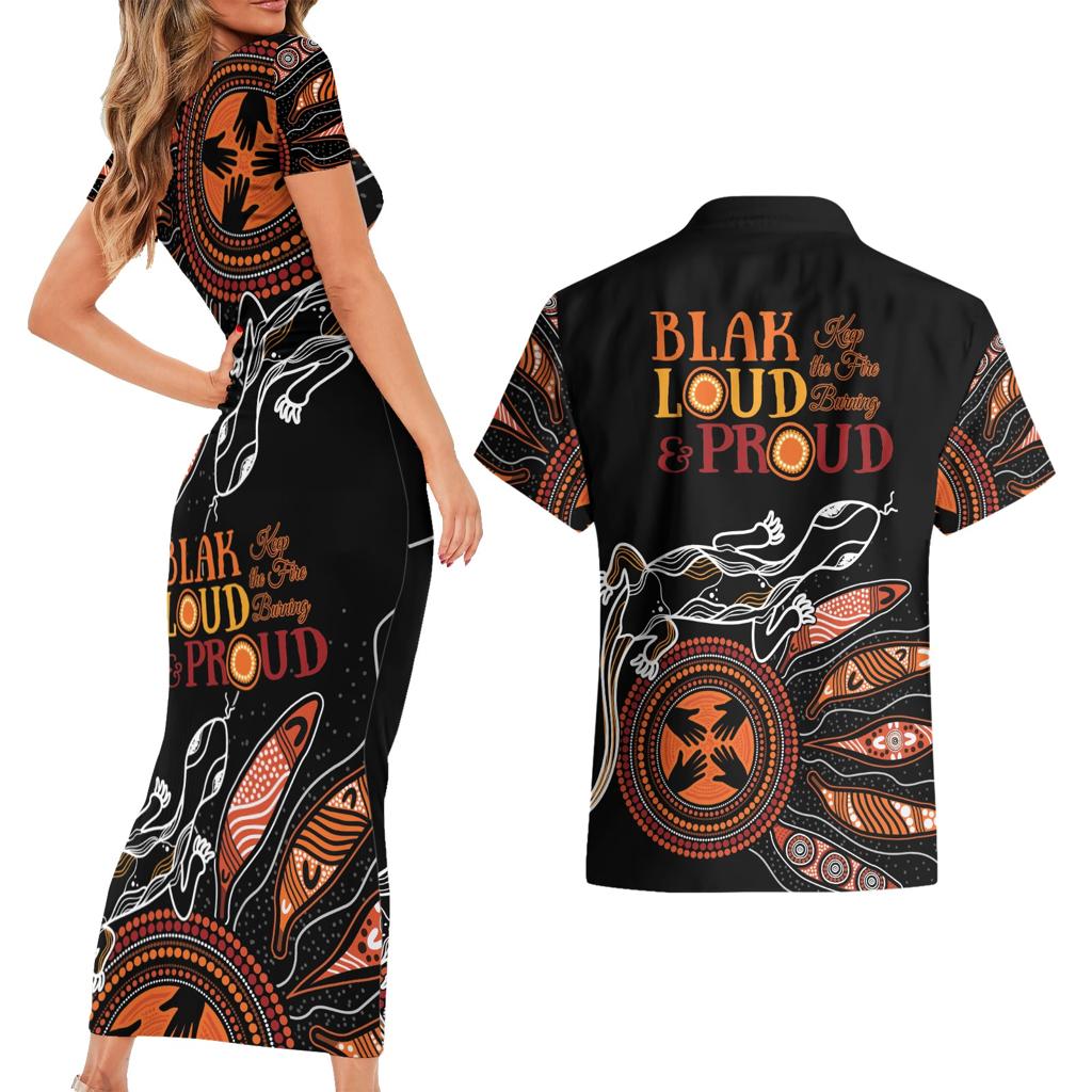 Australia NAIDOC 2024 Couples Matching Short Sleeve Bodycon Dress and Hawaiian Shirt Blak Loud and Proud Aboriginal Lizard Art