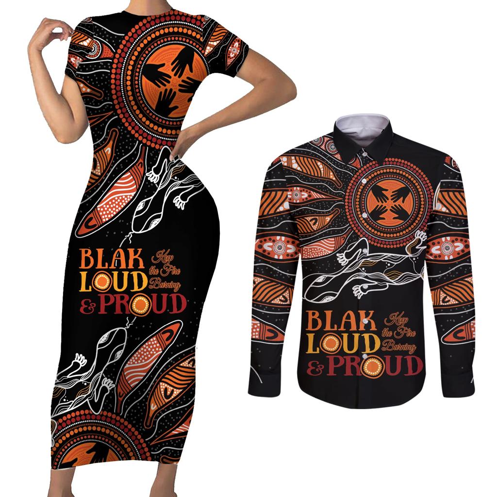 Australia NAIDOC 2024 Couples Matching Short Sleeve Bodycon Dress and Long Sleeve Button Shirt Blak Loud and Proud Aboriginal Lizard Art