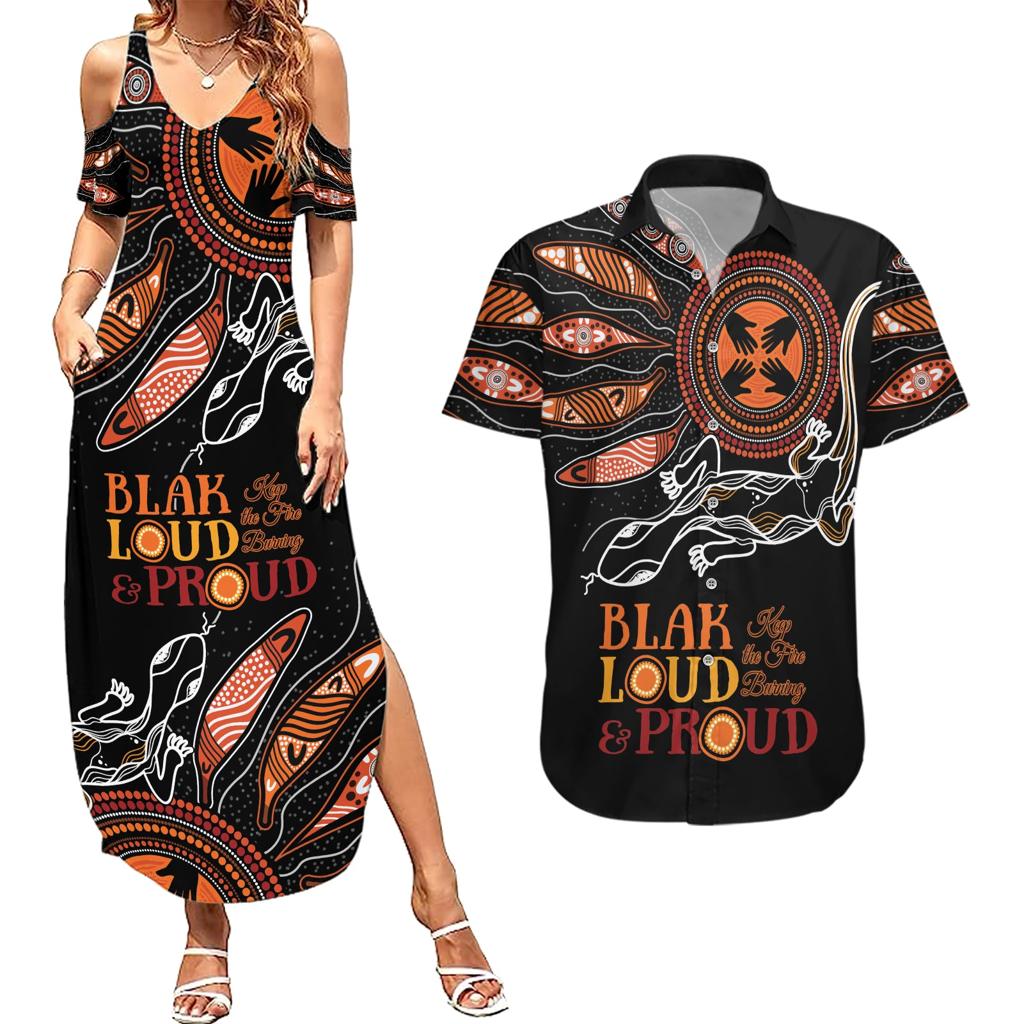 Australia NAIDOC 2024 Couples Matching Summer Maxi Dress and Hawaiian Shirt Blak Loud and Proud Aboriginal Lizard Art