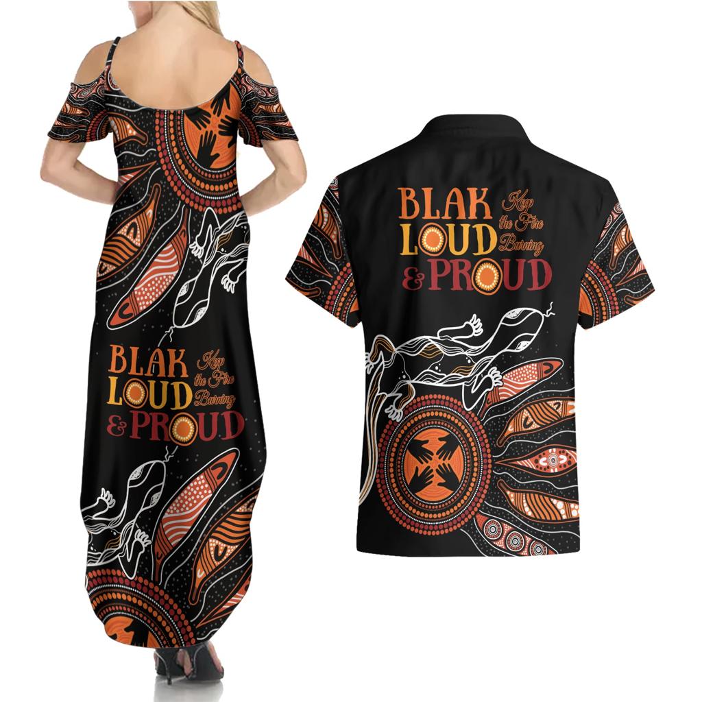 Australia NAIDOC 2024 Couples Matching Summer Maxi Dress and Hawaiian Shirt Blak Loud and Proud Aboriginal Lizard Art