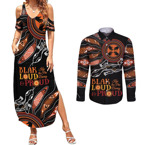 Australia NAIDOC 2024 Couples Matching Summer Maxi Dress and Long Sleeve Button Shirt Blak Loud and Proud Aboriginal Lizard Art