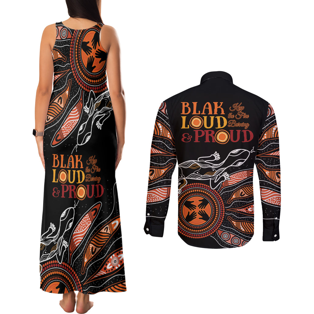 Australia NAIDOC 2024 Couples Matching Tank Maxi Dress and Long Sleeve Button Shirt Blak Loud and Proud Aboriginal Lizard Art