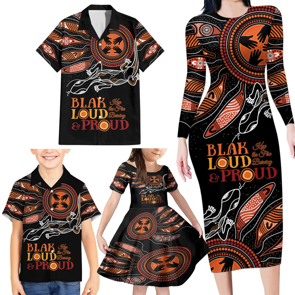 Australia NAIDOC 2024 Family Matching Long Sleeve Bodycon Dress and Hawaiian Shirt Blak Loud and Proud Aboriginal Lizard Art