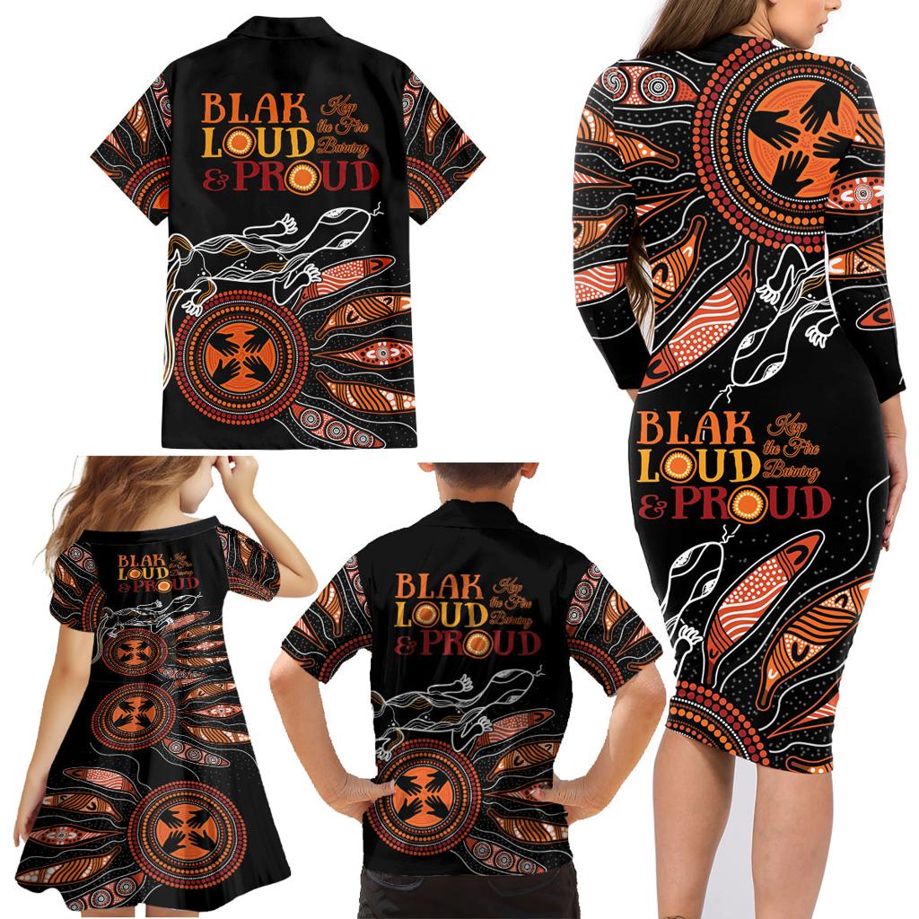 Australia NAIDOC 2024 Family Matching Long Sleeve Bodycon Dress and Hawaiian Shirt Blak Loud and Proud Aboriginal Lizard Art