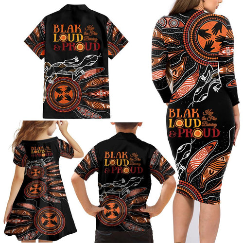 Australia NAIDOC 2024 Family Matching Long Sleeve Bodycon Dress and Hawaiian Shirt Blak Loud and Proud Aboriginal Lizard Art