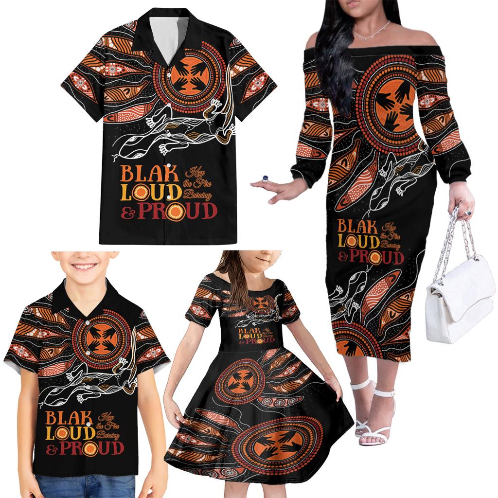 Australia NAIDOC 2024 Family Matching Off Shoulder Long Sleeve Dress and Hawaiian Shirt Blak Loud and Proud Aboriginal Lizard Art