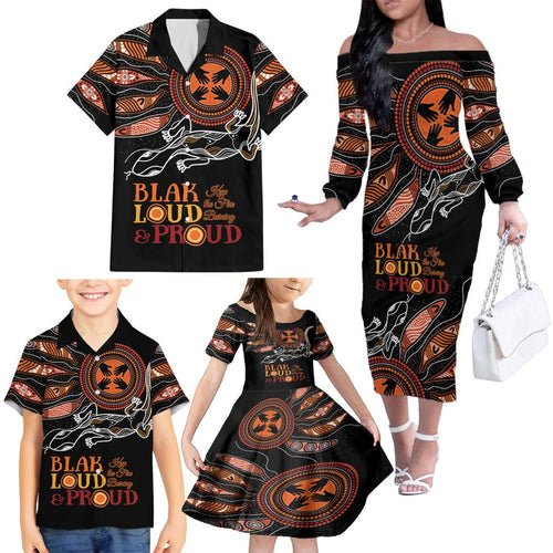 Australia NAIDOC 2024 Family Matching Off Shoulder Long Sleeve Dress and Hawaiian Shirt Blak Loud and Proud Aboriginal Lizard Art