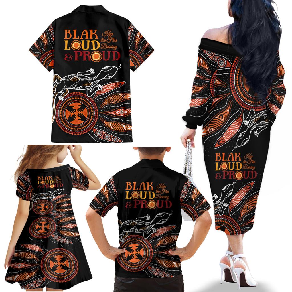 Australia NAIDOC 2024 Family Matching Off Shoulder Long Sleeve Dress and Hawaiian Shirt Blak Loud and Proud Aboriginal Lizard Art