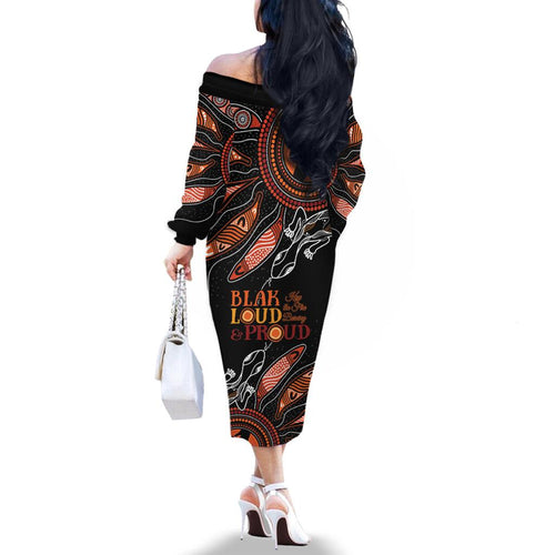 Australia NAIDOC 2024 Family Matching Off Shoulder Long Sleeve Dress and Hawaiian Shirt Blak Loud and Proud Aboriginal Lizard Art