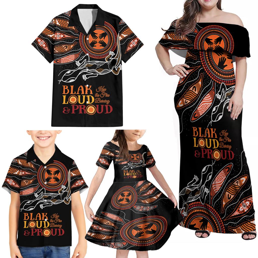 Australia NAIDOC 2024 Family Matching Off Shoulder Maxi Dress and Hawaiian Shirt Blak Loud and Proud Aboriginal Lizard Art
