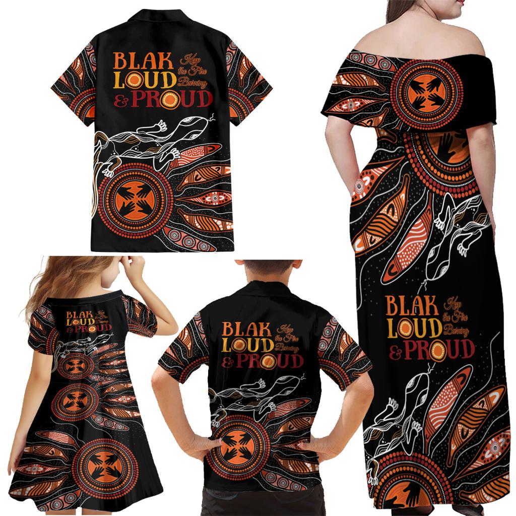 Australia NAIDOC 2024 Family Matching Off Shoulder Maxi Dress and Hawaiian Shirt Blak Loud and Proud Aboriginal Lizard Art