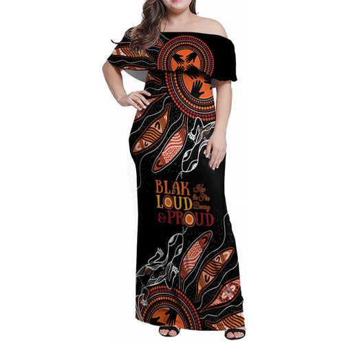 Australia NAIDOC 2024 Family Matching Off Shoulder Maxi Dress and Hawaiian Shirt Blak Loud and Proud Aboriginal Lizard Art