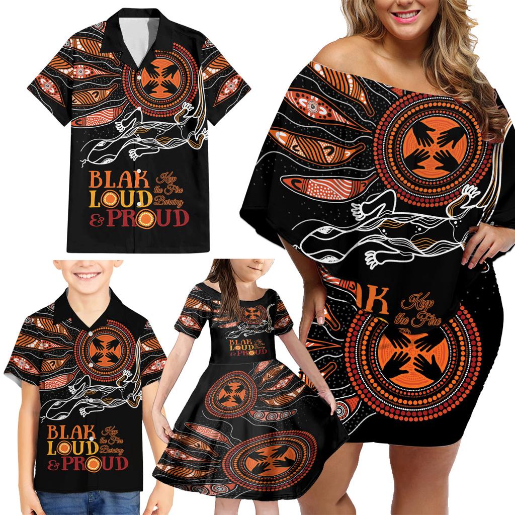 Australia NAIDOC 2024 Family Matching Off Shoulder Short Dress and Hawaiian Shirt Blak Loud and Proud Aboriginal Lizard Art