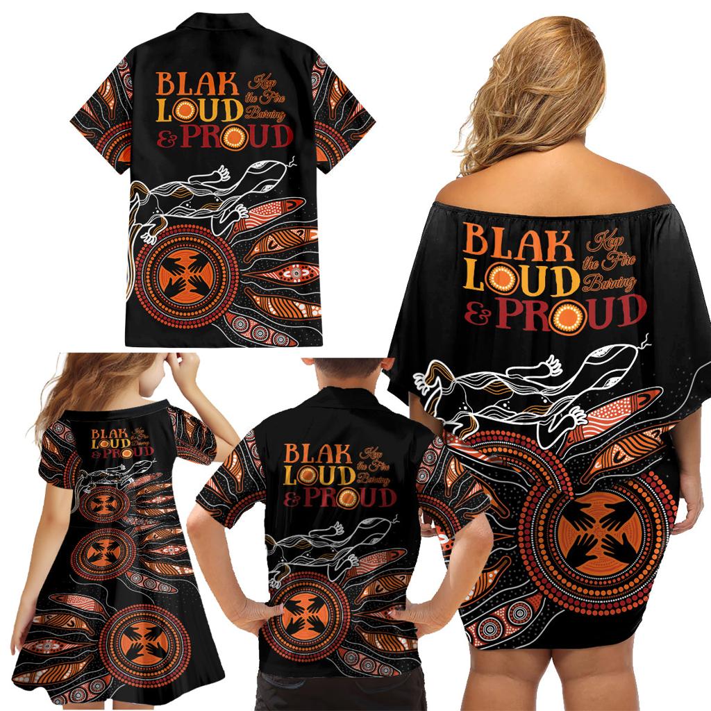 Australia NAIDOC 2024 Family Matching Off Shoulder Short Dress and Hawaiian Shirt Blak Loud and Proud Aboriginal Lizard Art