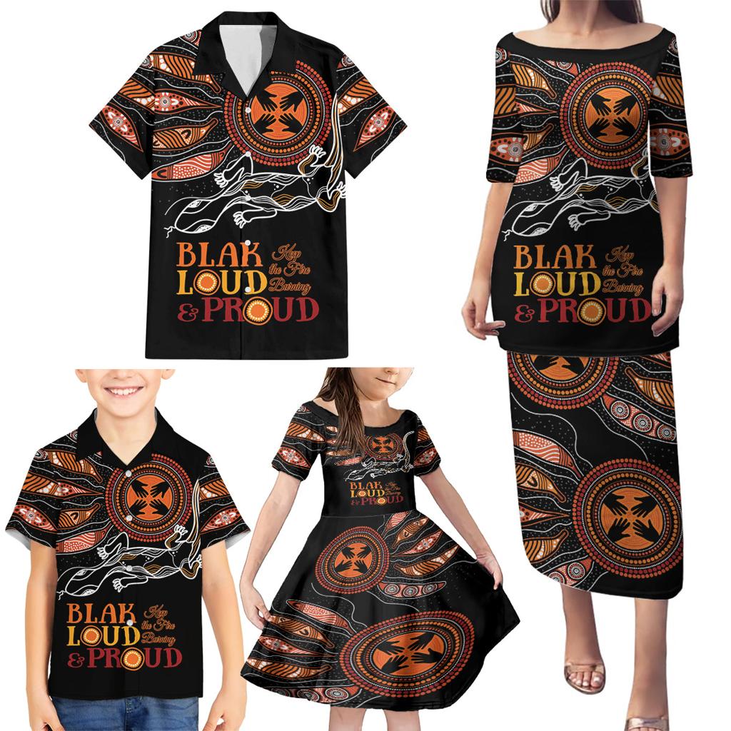 Australia NAIDOC 2024 Family Matching Puletasi and Hawaiian Shirt Blak Loud and Proud Aboriginal Lizard Art