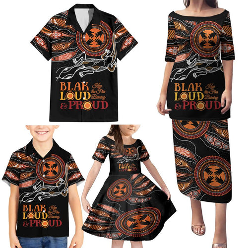 Australia NAIDOC 2024 Family Matching Puletasi and Hawaiian Shirt Blak Loud and Proud Aboriginal Lizard Art