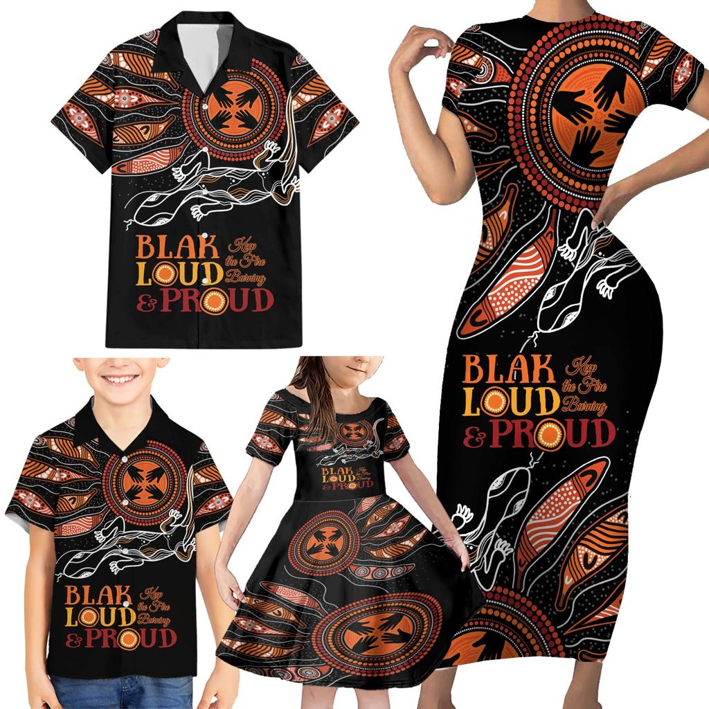 Australia NAIDOC 2024 Family Matching Short Sleeve Bodycon Dress and Hawaiian Shirt Blak Loud and Proud Aboriginal Lizard Art