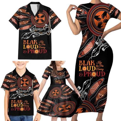 Australia NAIDOC 2024 Family Matching Short Sleeve Bodycon Dress and Hawaiian Shirt Blak Loud and Proud Aboriginal Lizard Art