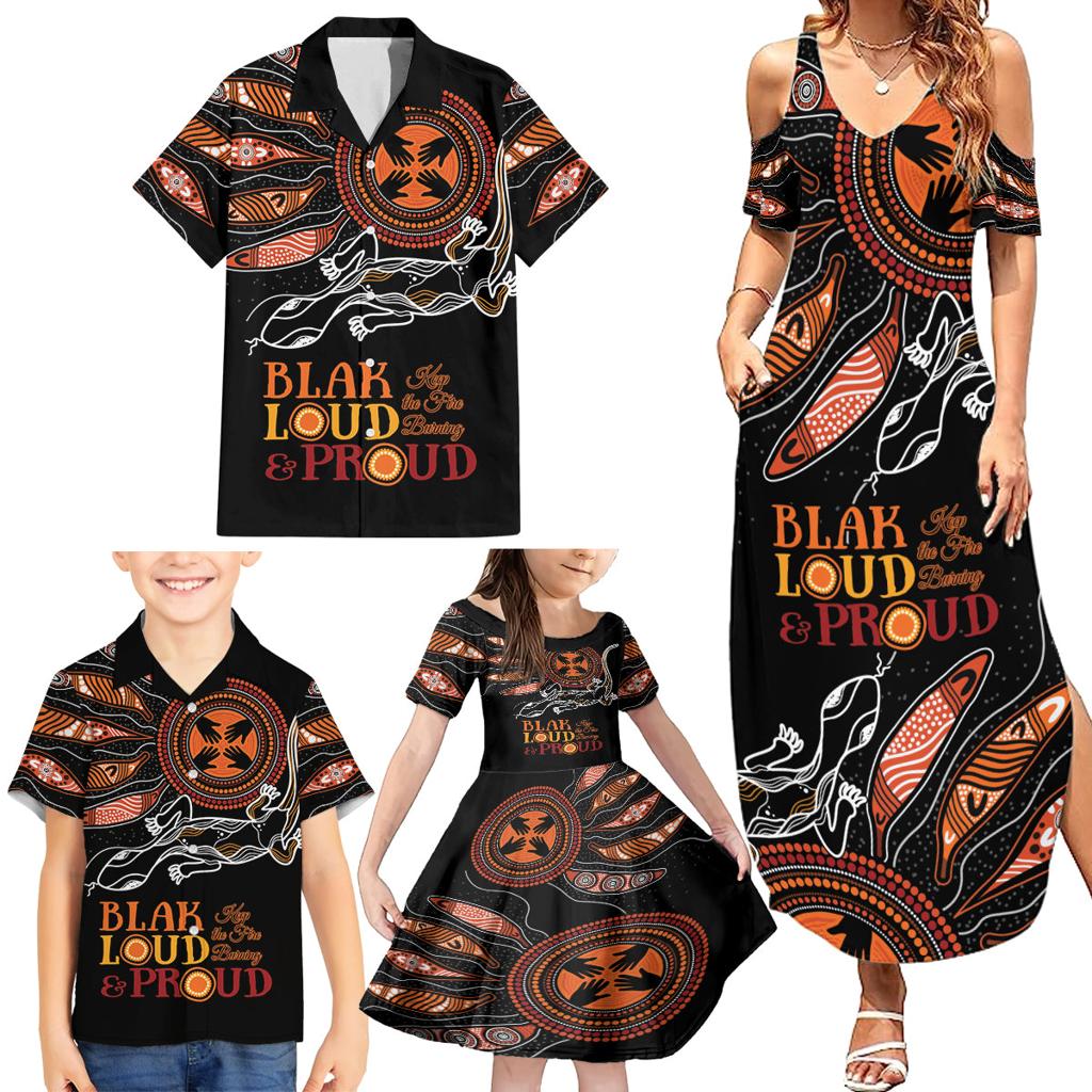 Australia NAIDOC 2024 Family Matching Summer Maxi Dress and Hawaiian Shirt Blak Loud and Proud Aboriginal Lizard Art