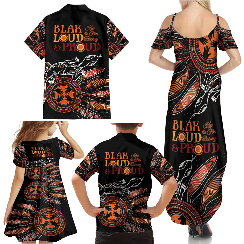 Australia NAIDOC 2024 Family Matching Summer Maxi Dress and Hawaiian Shirt Blak Loud and Proud Aboriginal Lizard Art