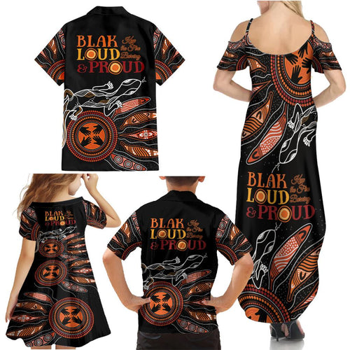 Australia NAIDOC 2024 Family Matching Summer Maxi Dress and Hawaiian Shirt Blak Loud and Proud Aboriginal Lizard Art
