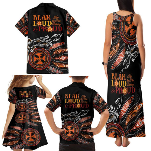 Australia NAIDOC 2024 Family Matching Tank Maxi Dress and Hawaiian Shirt Blak Loud and Proud Aboriginal Lizard Art