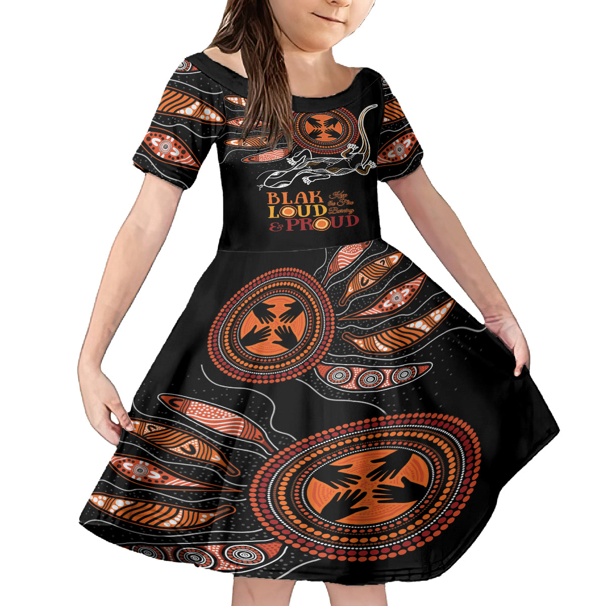 Australia NAIDOC 2024 Kid Short Sleeve Dress Blak Loud and Proud Aboriginal Lizard Art