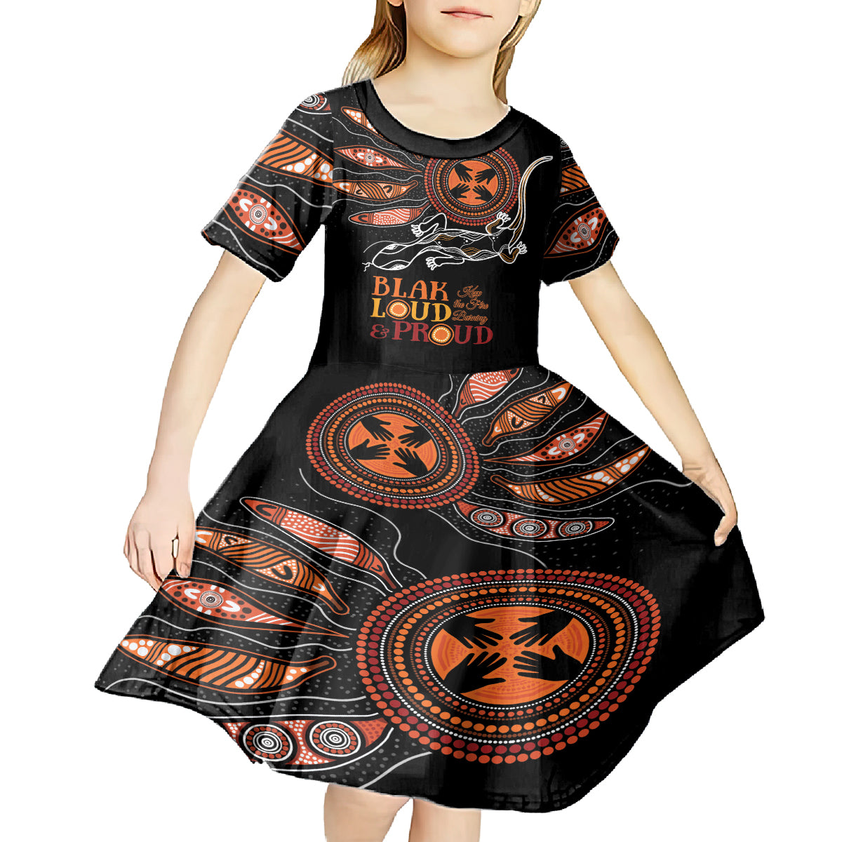 Australia NAIDOC 2024 Kid Short Sleeve Dress Blak Loud and Proud Aboriginal Lizard Art