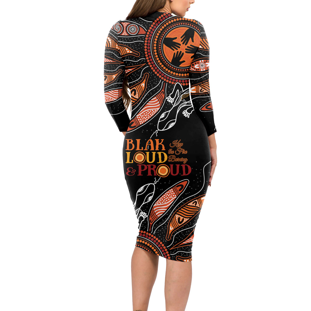 Australia NAIDOC 2024 Long Sleeve Bodycon Dress Blak Loud and Proud Aboriginal Lizard Art