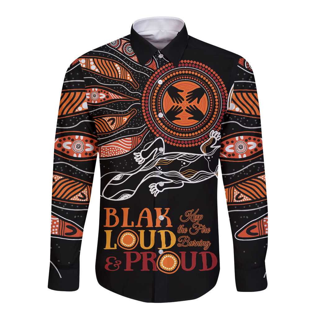 Australia NAIDOC 2024 Long Sleeve Button Shirt Blak Loud and Proud Aboriginal Lizard Art