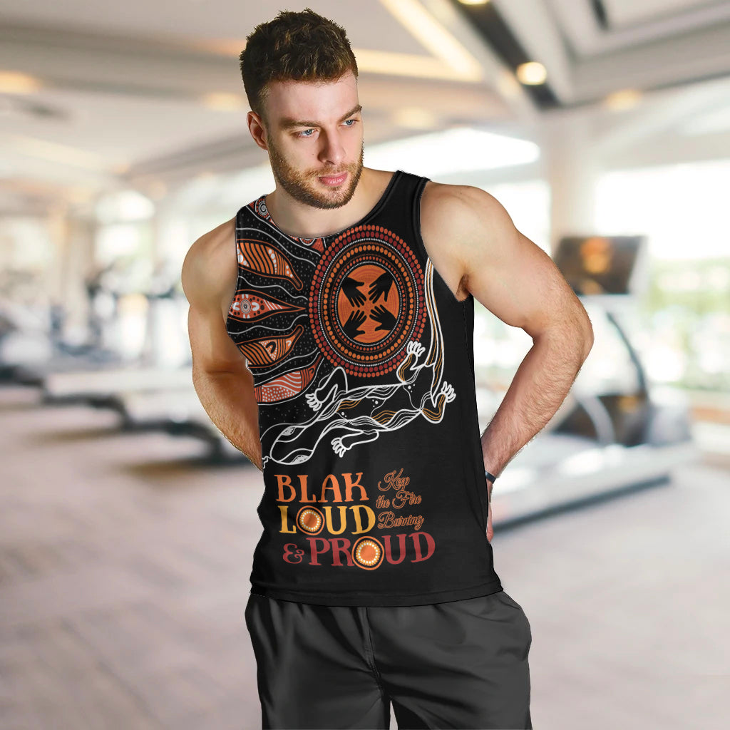Australia NAIDOC 2024 Men Tank Top Blak Loud and Proud Aboriginal Lizard Art