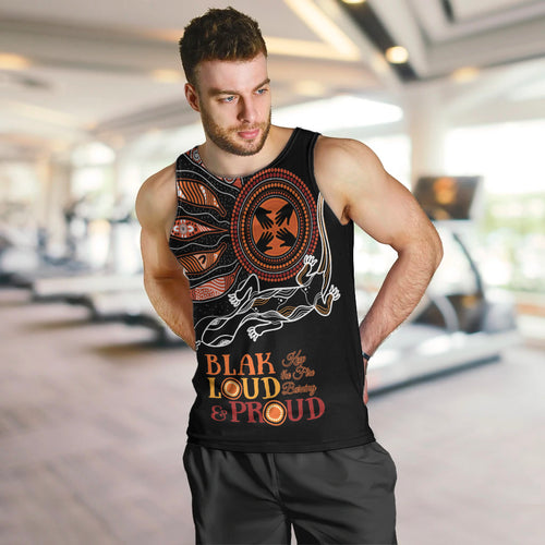 Australia NAIDOC 2024 Men Tank Top Blak Loud and Proud Aboriginal Lizard Art